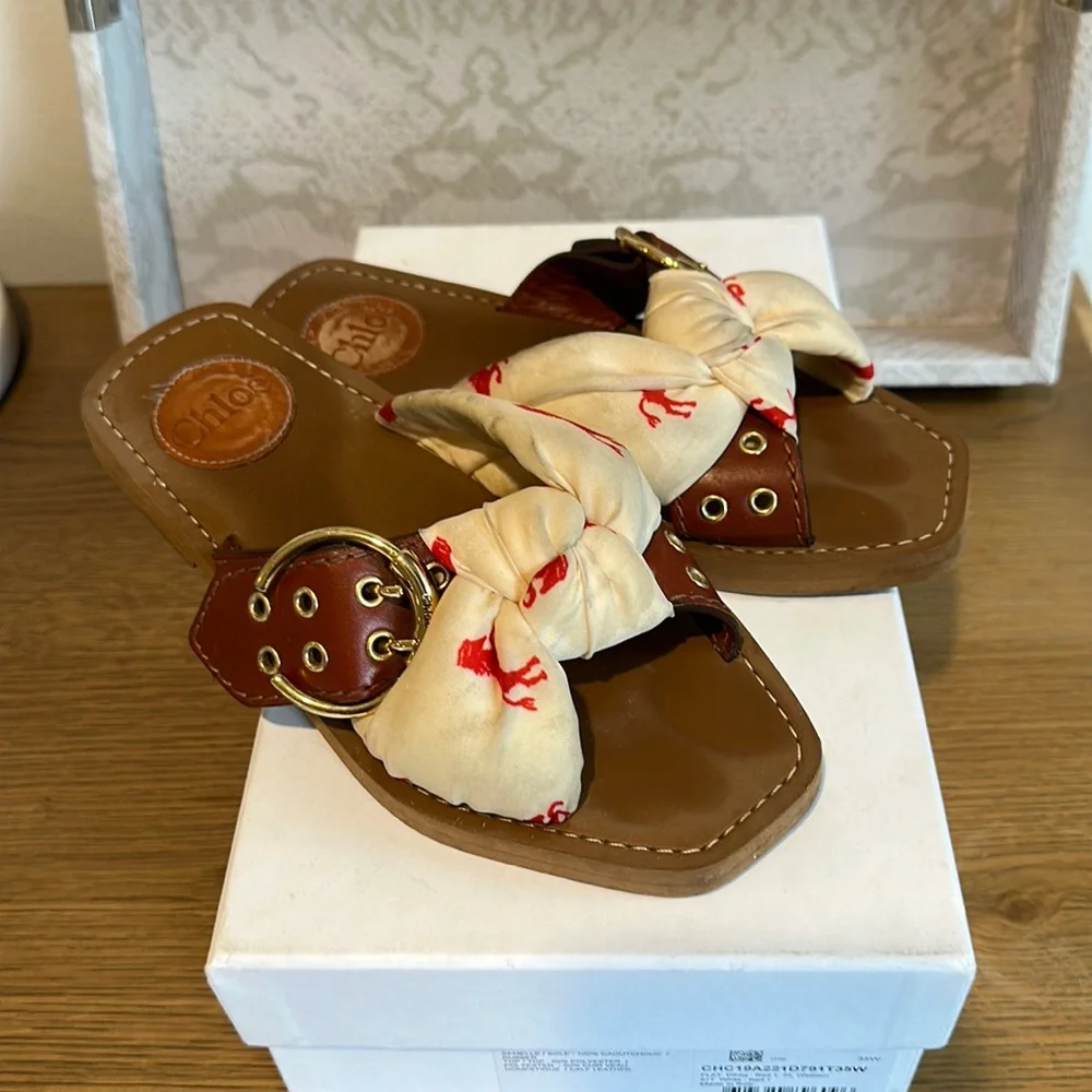 Chloe Woody Little Horses Sandals in Cream/Red print and leather- Gently Used - Picture 1 of 3